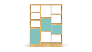 Modern custom-made shelving unit with colourful doors