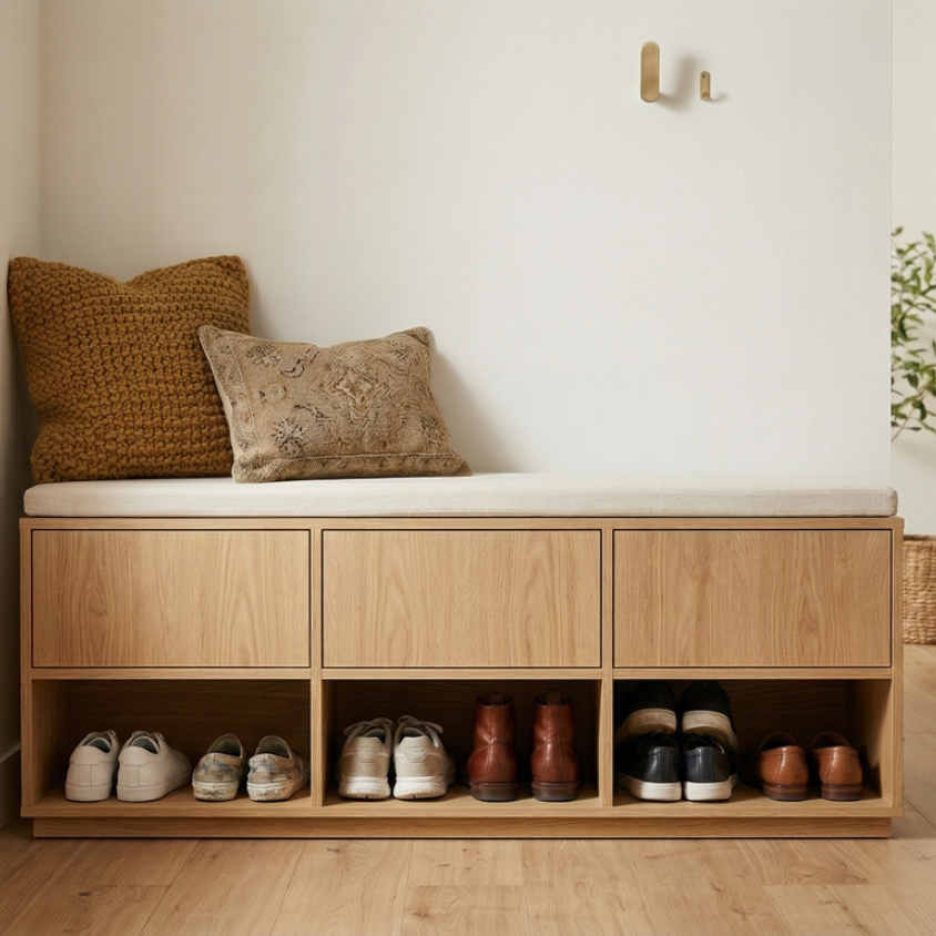 Schuhschrank aus Premium Dekor Eiche mit innenliegenden Fronten und Holzfuß 5