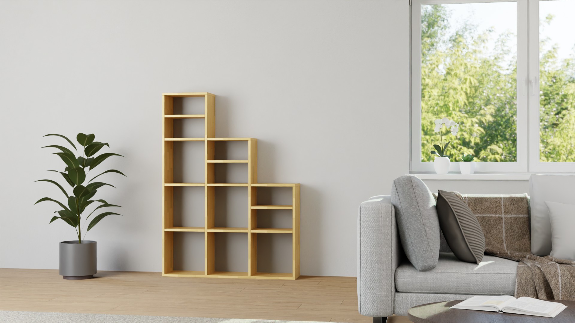 Stylishes Stufenregal nach Maß Buche