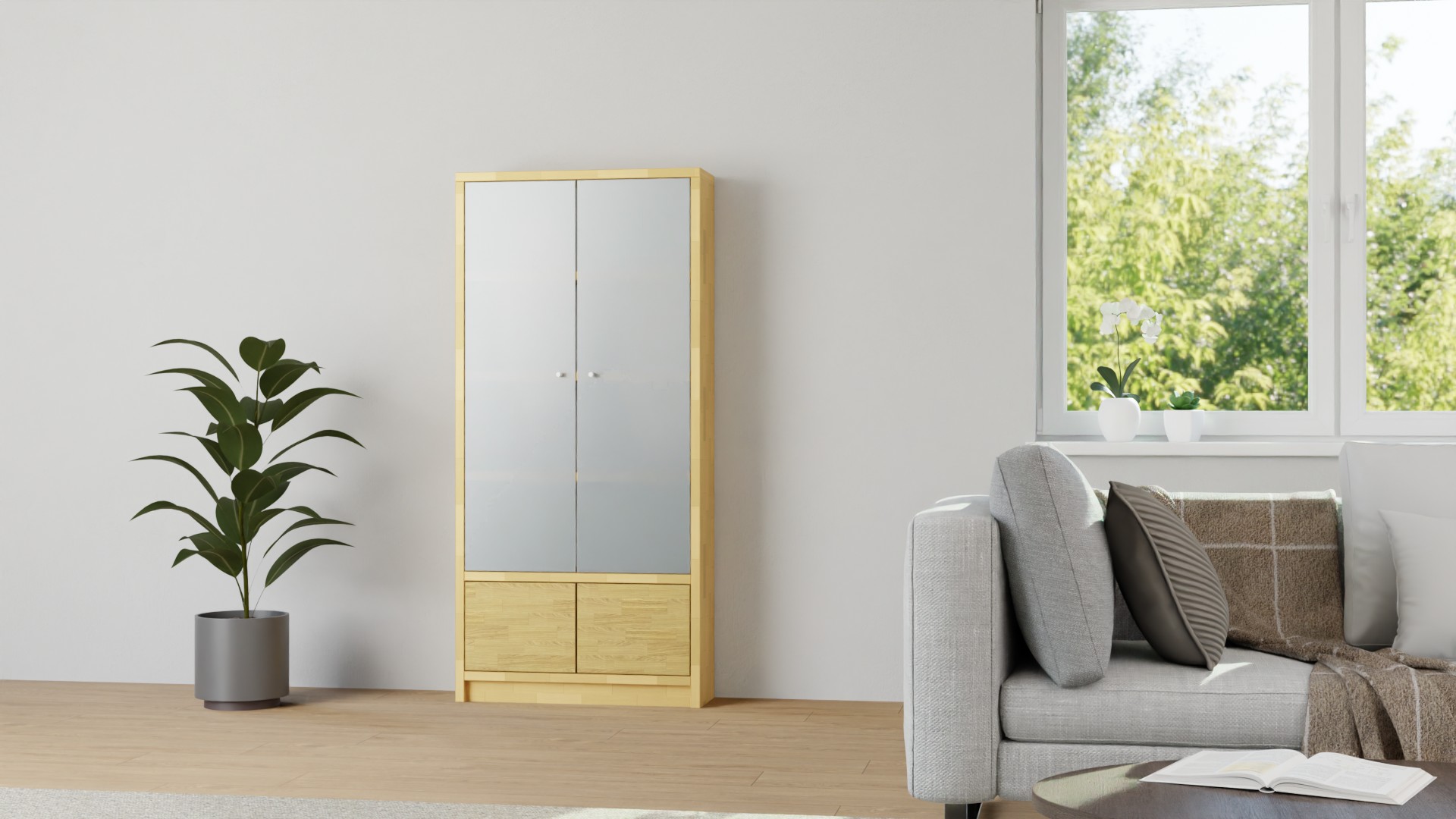 Vitrine mit Flügeltüren - Vitrinenschrank mit vielen Optionen Buche