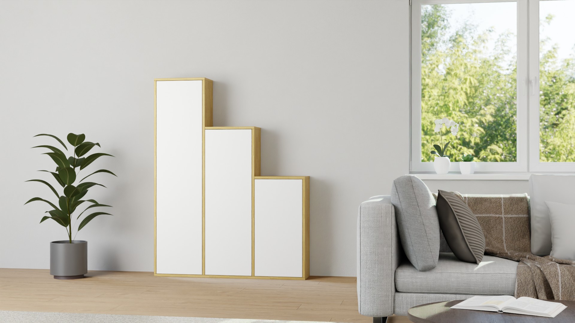 Stufenregal mit Türen - Stufenschrank mit vielen Optionen Eiche