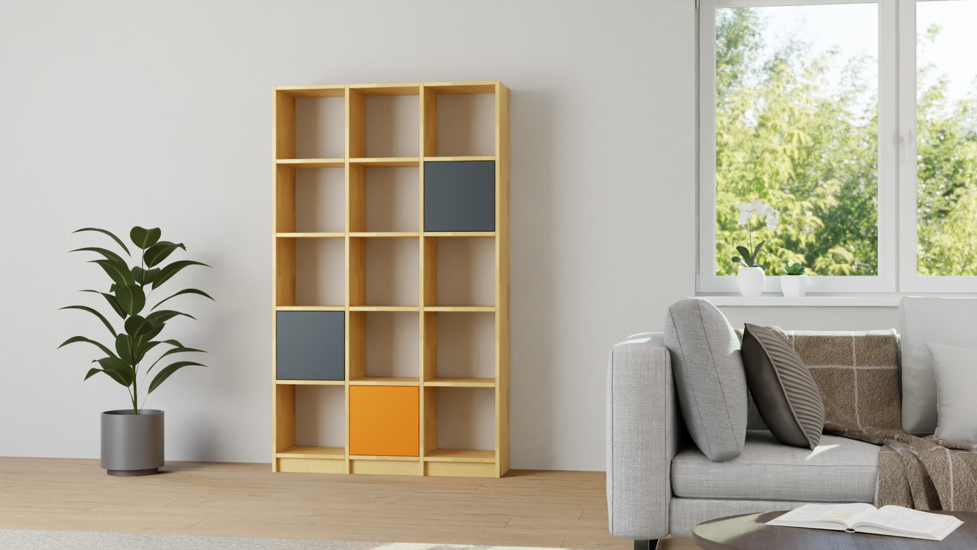 Raumteiler nach Maß mit bunten Türen Buche