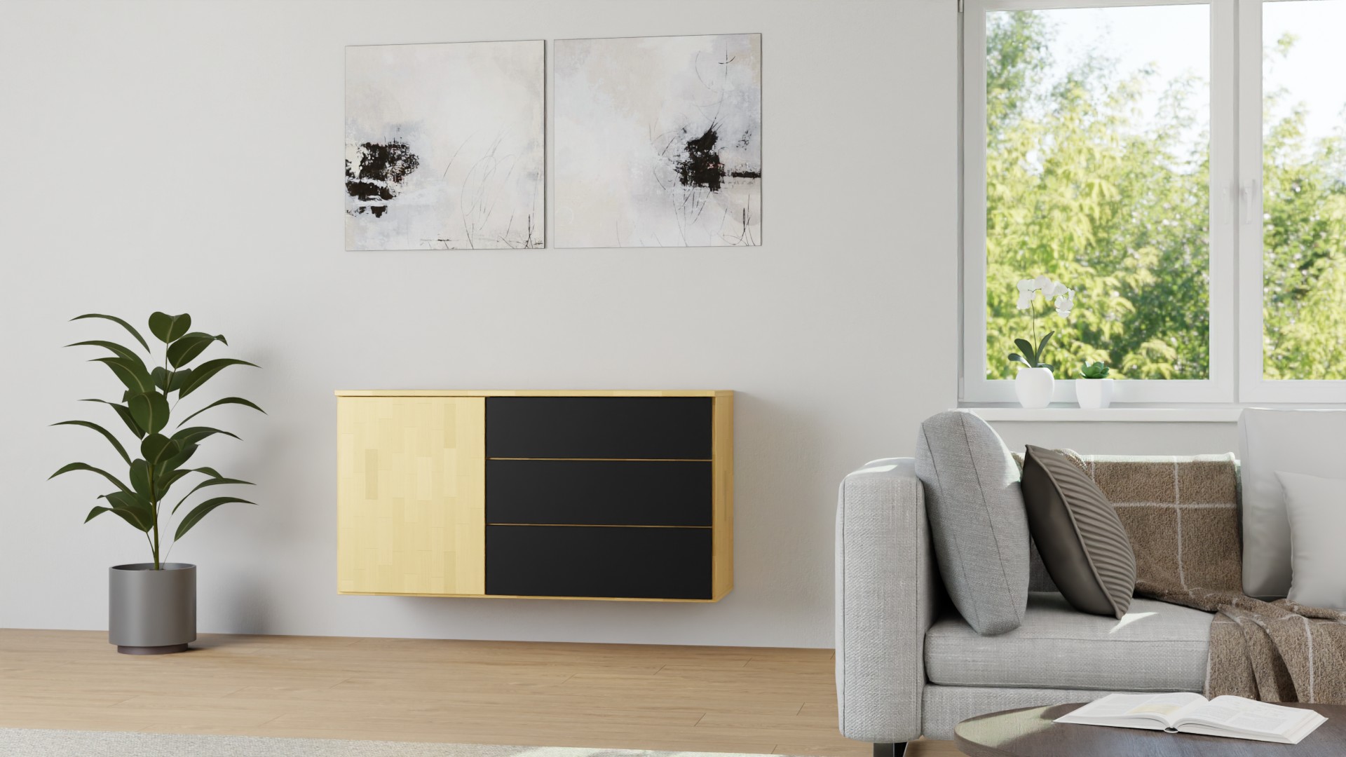 Stylishe Hängekommode nach Maß Buche
