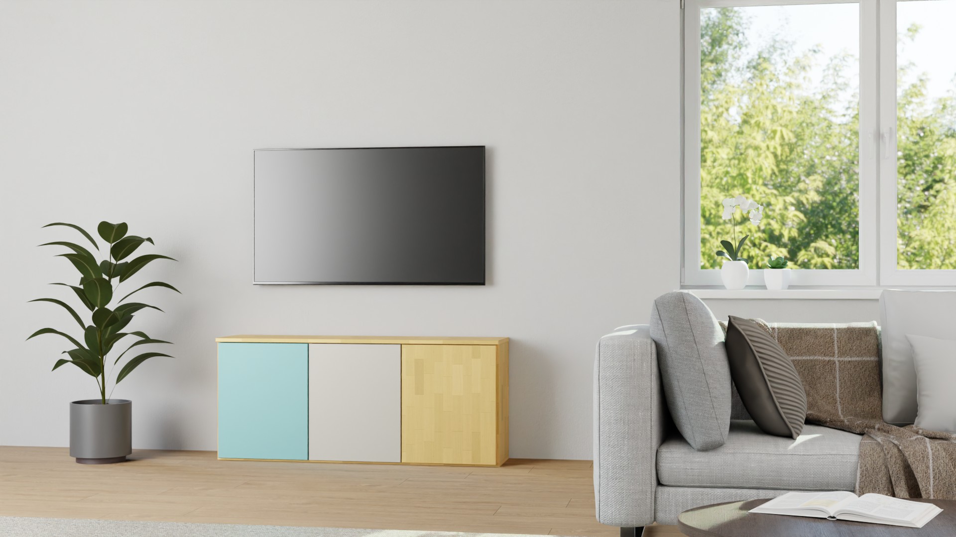 30 cm tiefes Sideboard mit bunten Türen Buche