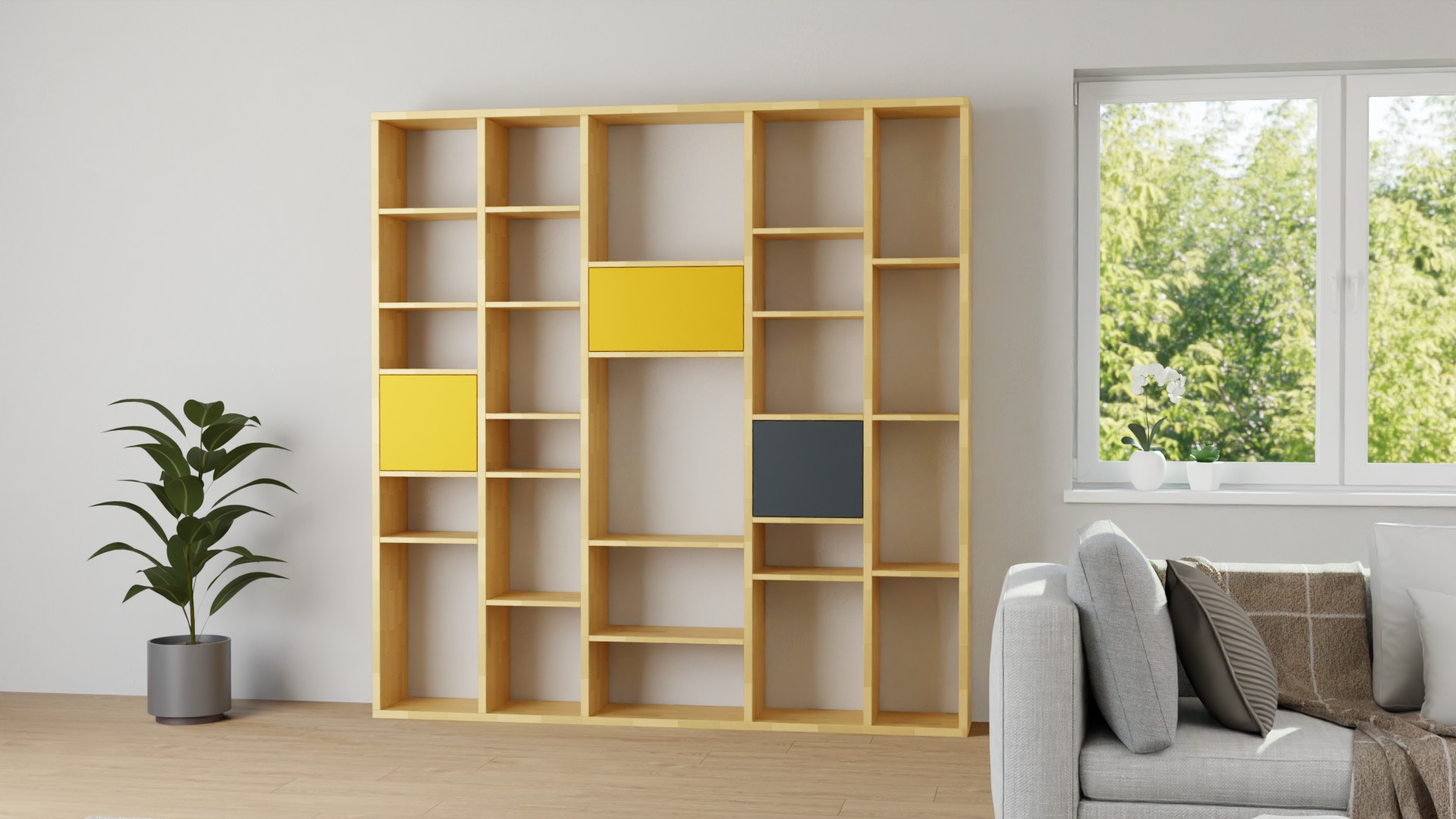 Maßgefertigter Raumteiler mit bunten Türen Buche