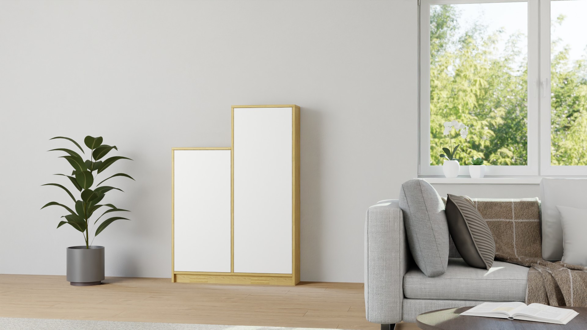 Asymmetrisches Bücherregal mit Türen Eiche