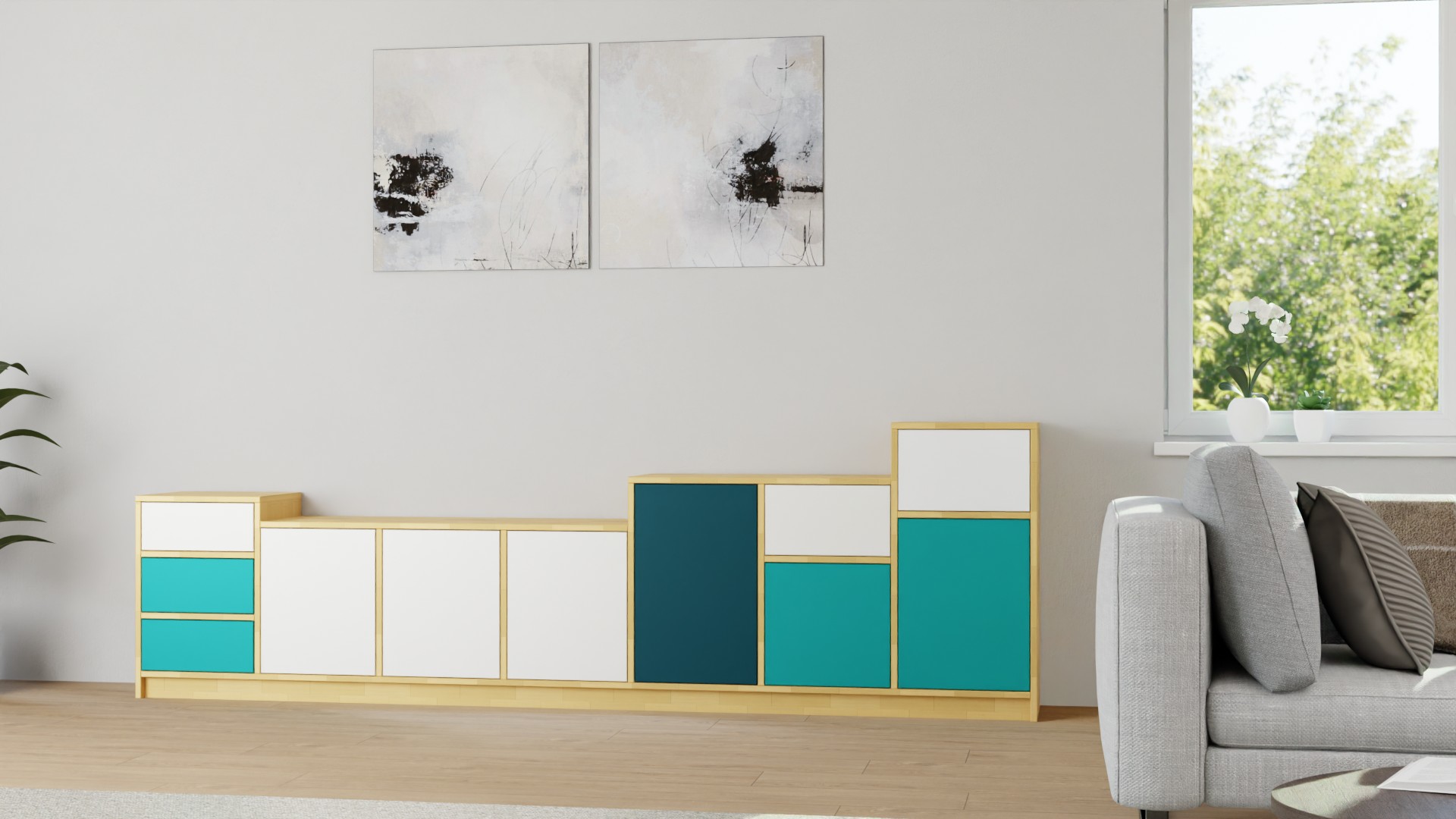 Sideboard mit bunten Türen - TV-Kommode wie vom Tischler Buche