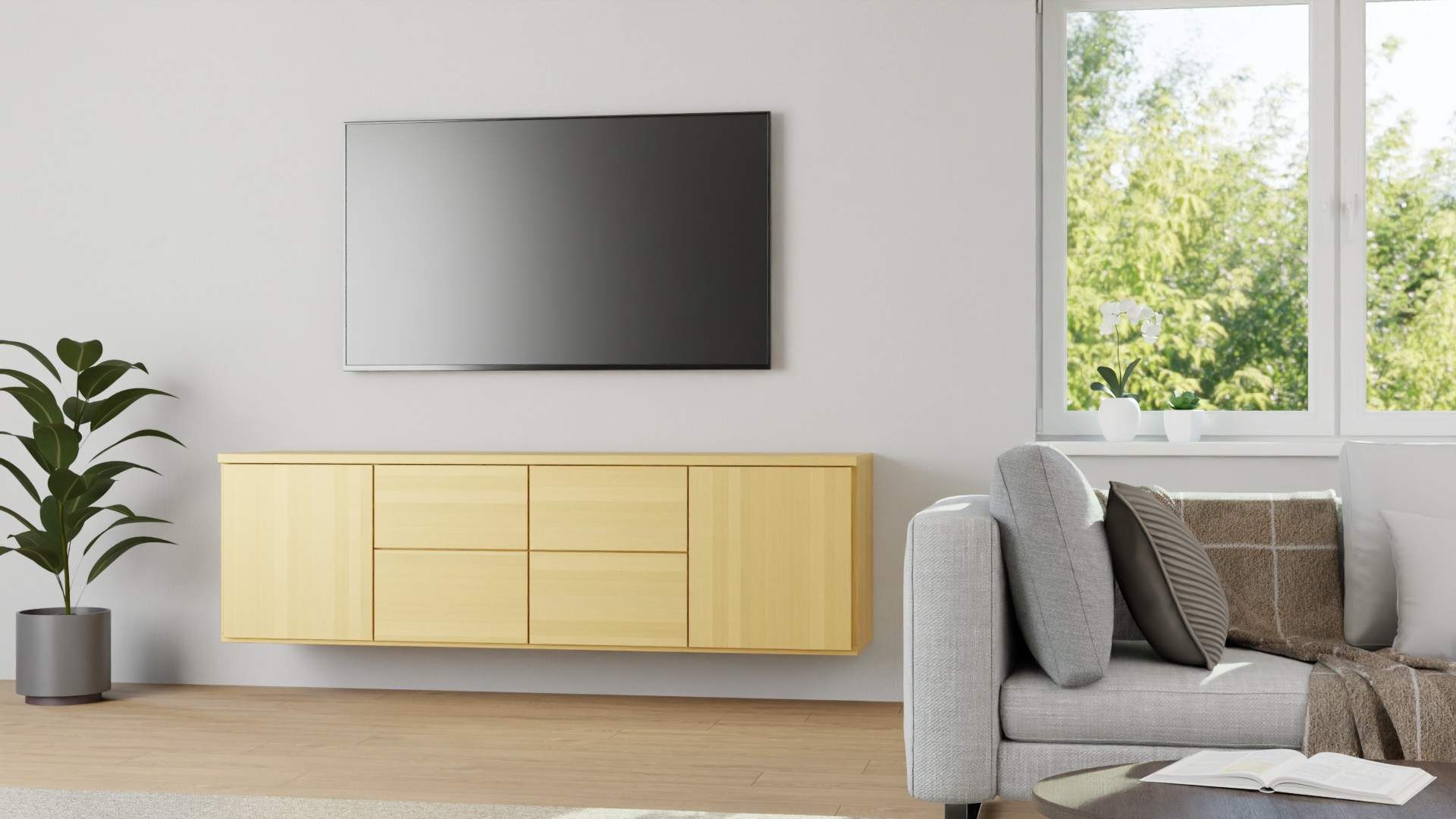 Sideboard aus Massivholz mit Wandhalterung Buche