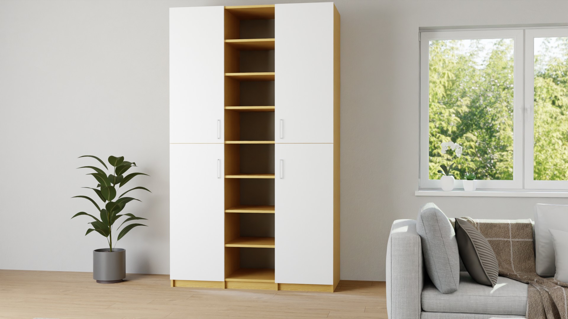 Garderobenschrank aus Echtholz Furnier mit weißen Türen Echtholz Furnier