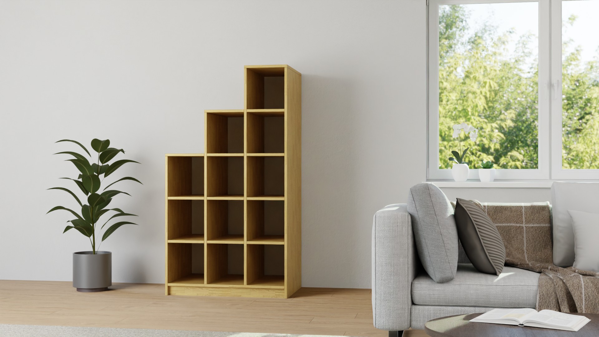 60 cm tiefes Stufenregal nach Maß Eiche