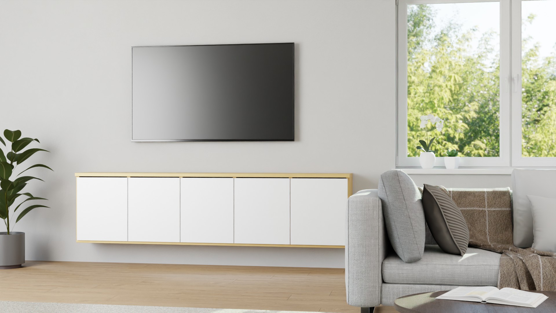 Breites Hängesideboard nach Maß Buche