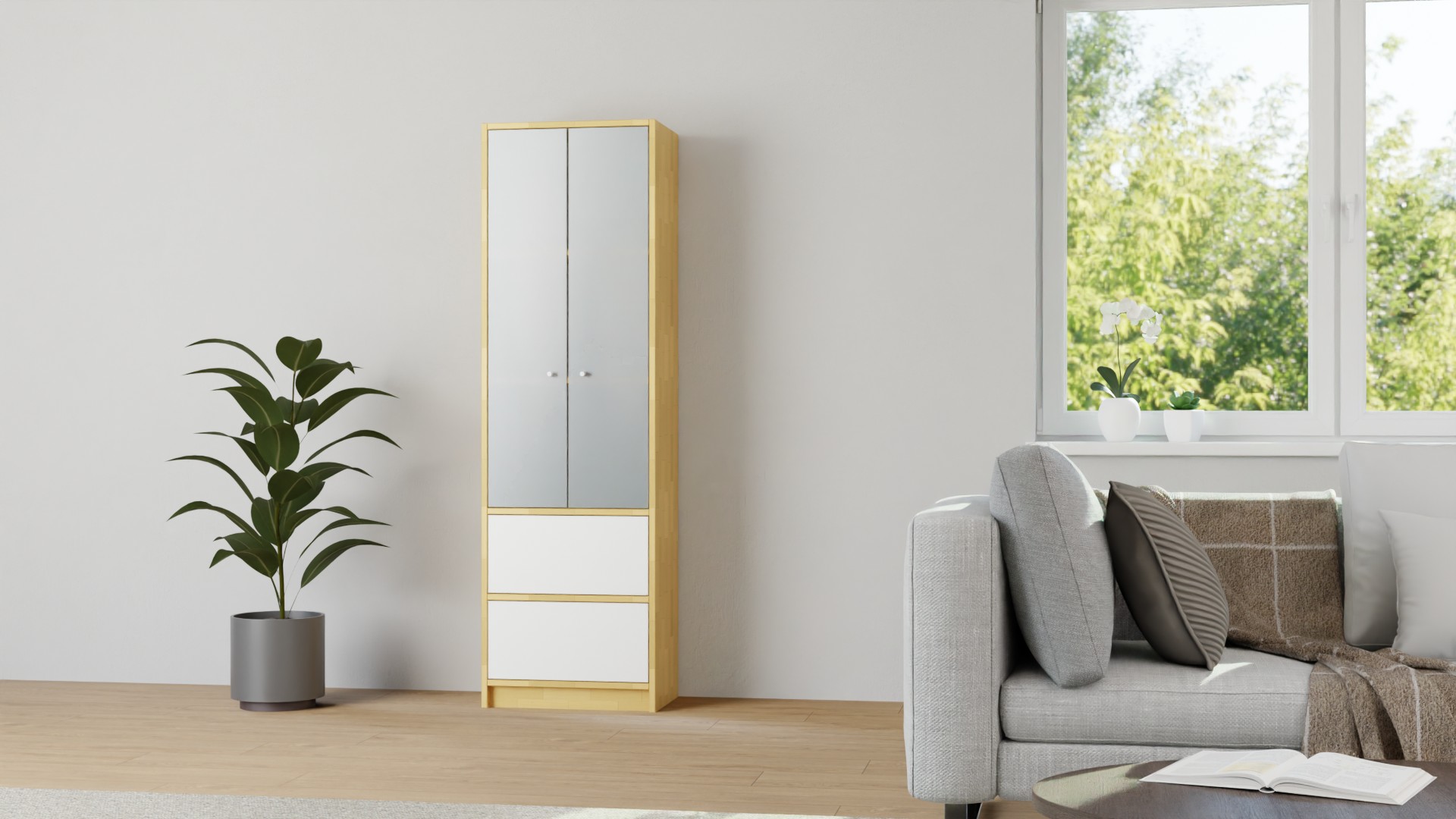 Schmaler Vitrinenschrank nach Maß - Vitrine mit vielen Optionen Buche