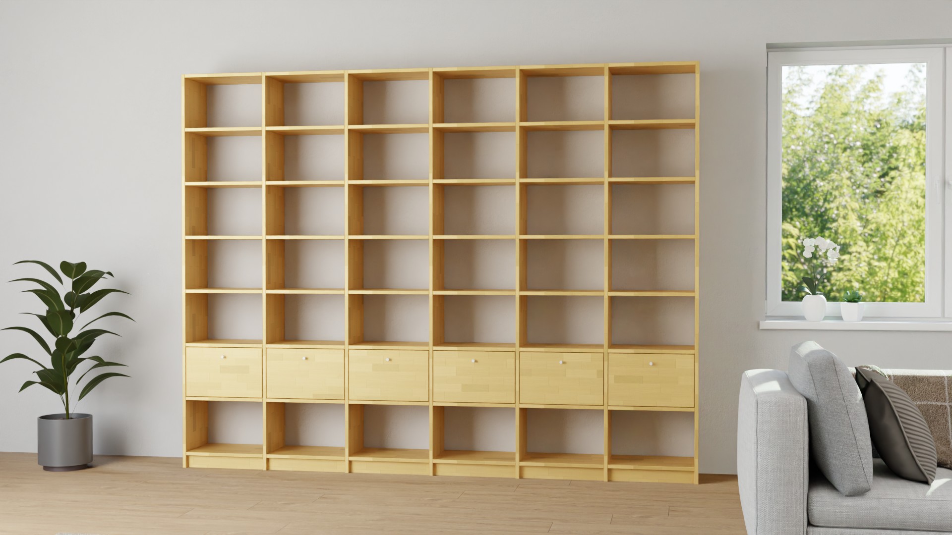 Großes Bücherregal nach Maß - Wohnzimmerregal mit vielen Optionen Buche