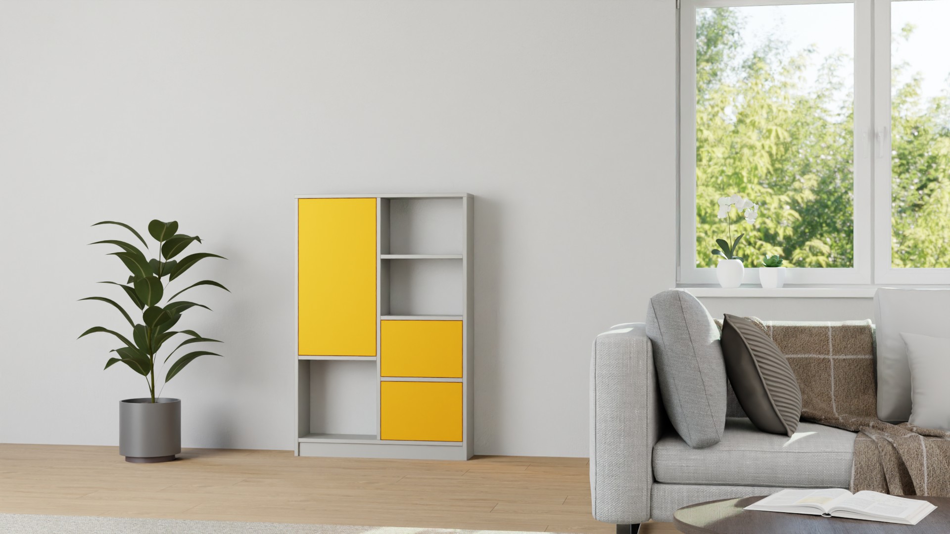 Graues Regal mit bunten Türen Premium Dekore