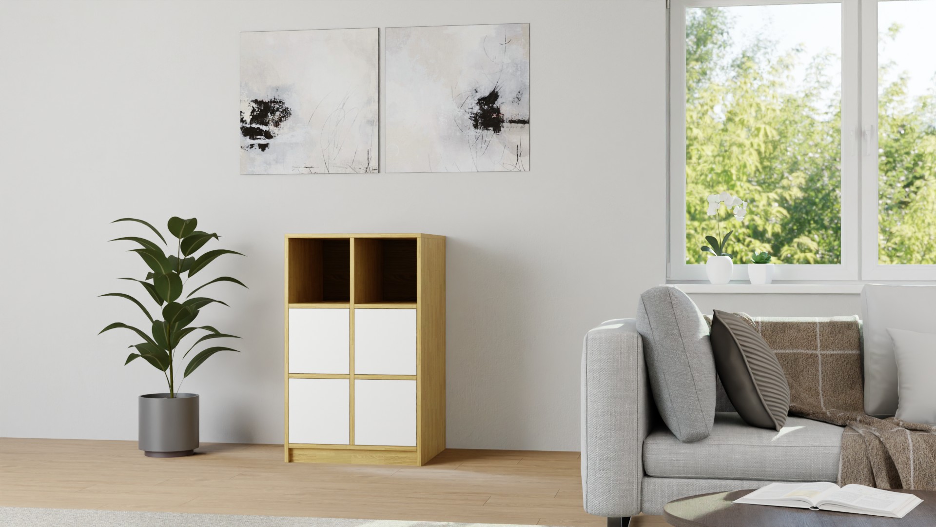60 cm tiefes Regal mit Schubladen Eiche