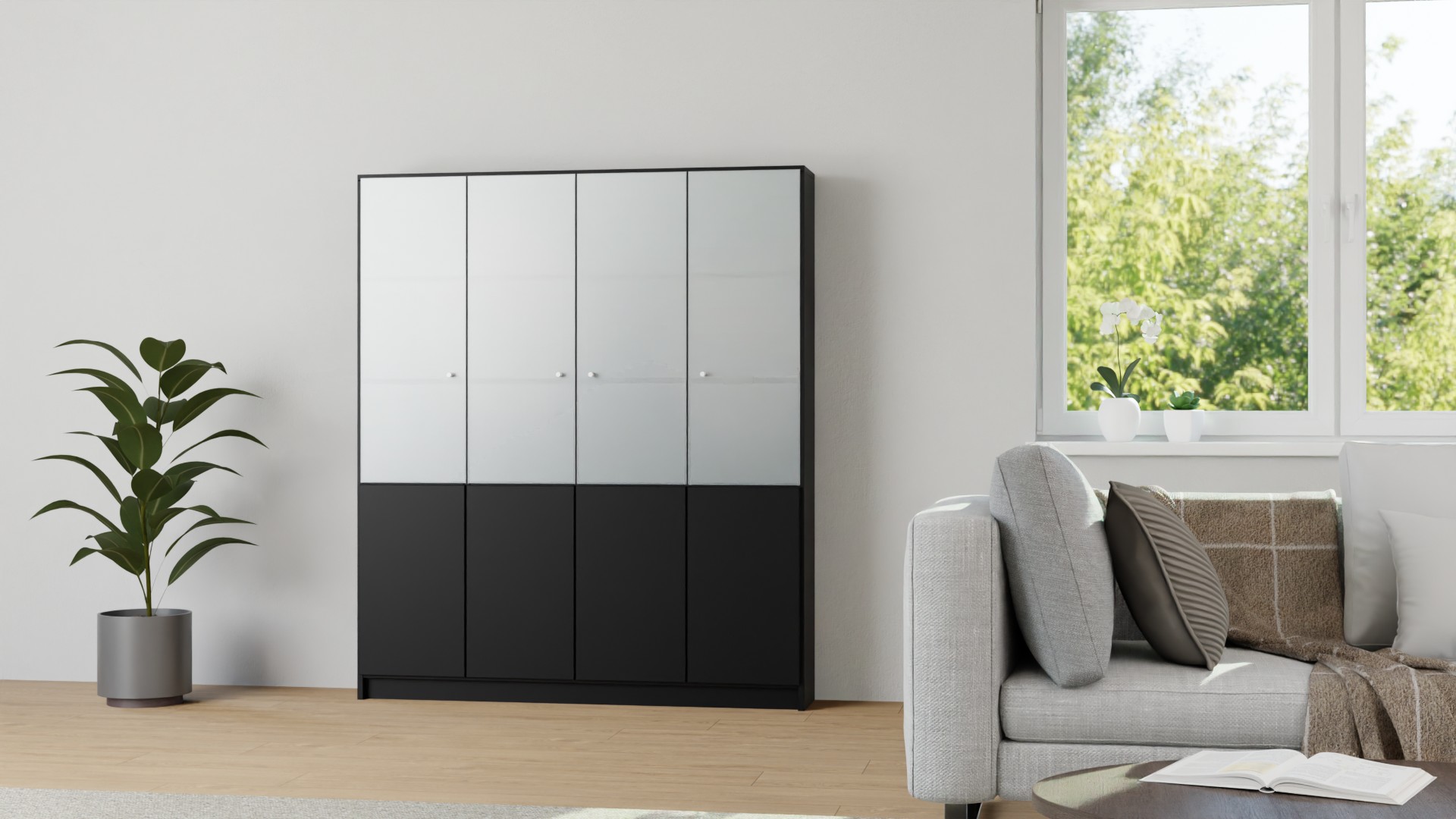 Schwarzer Bibliotheksschrank mit Glastüren MDF Lackiert