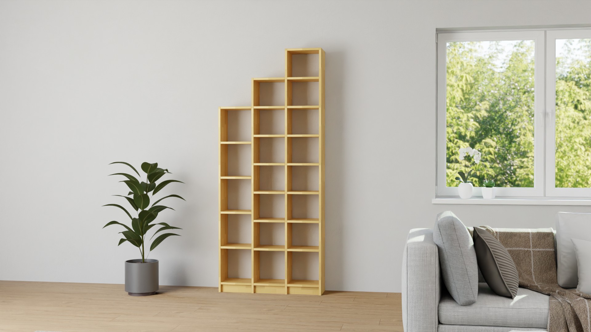 Schlichtes Stufenregal nach Maß Buche