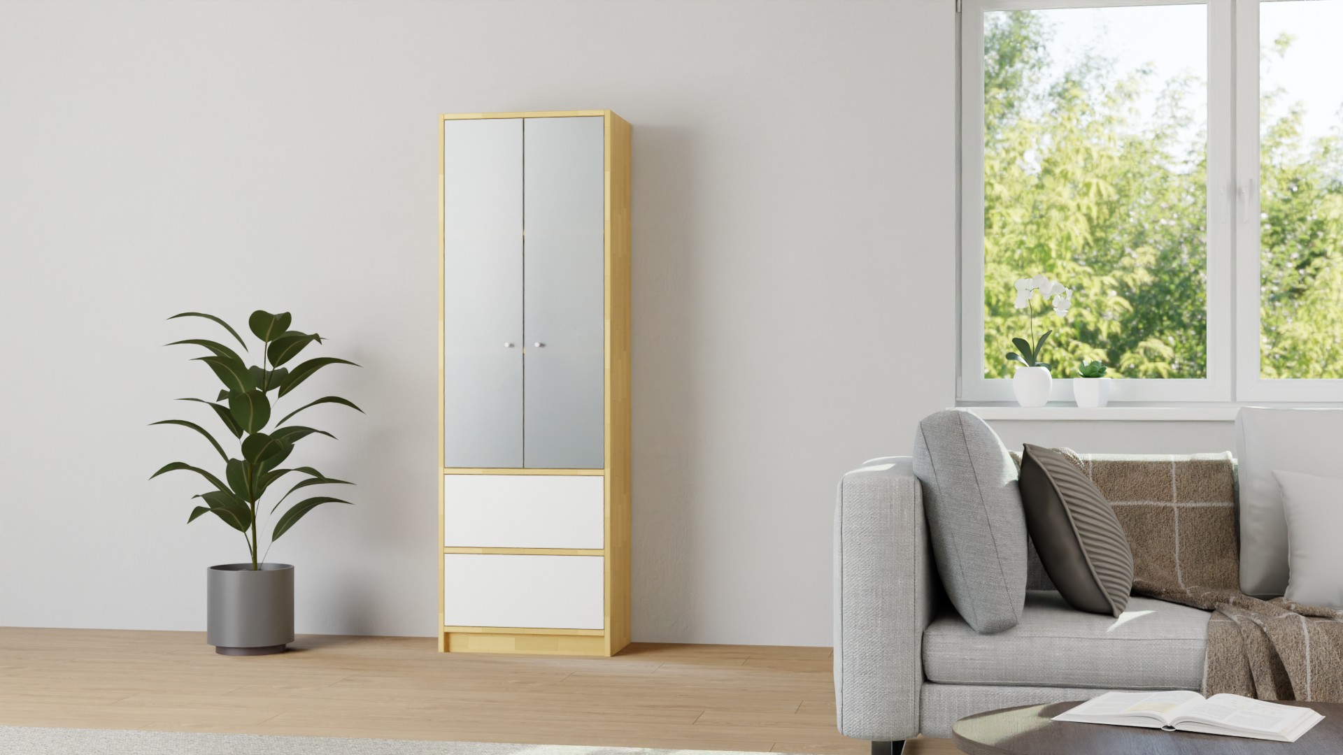 Schmaler Vitrinenschrank nach Maß - Vitrine mit vielen Optionen Buche