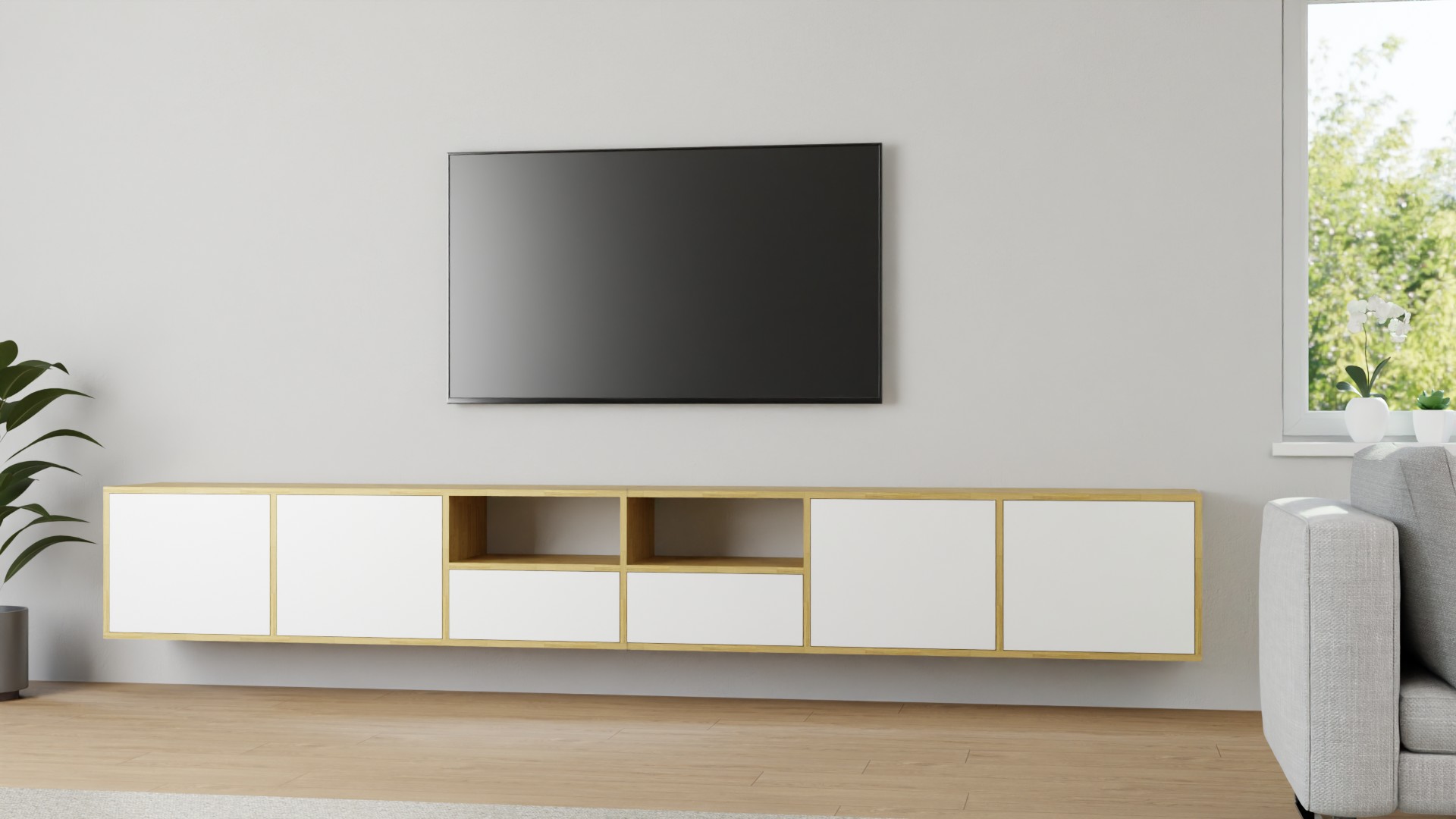 Langes Hängesideboard nach Maß Eiche