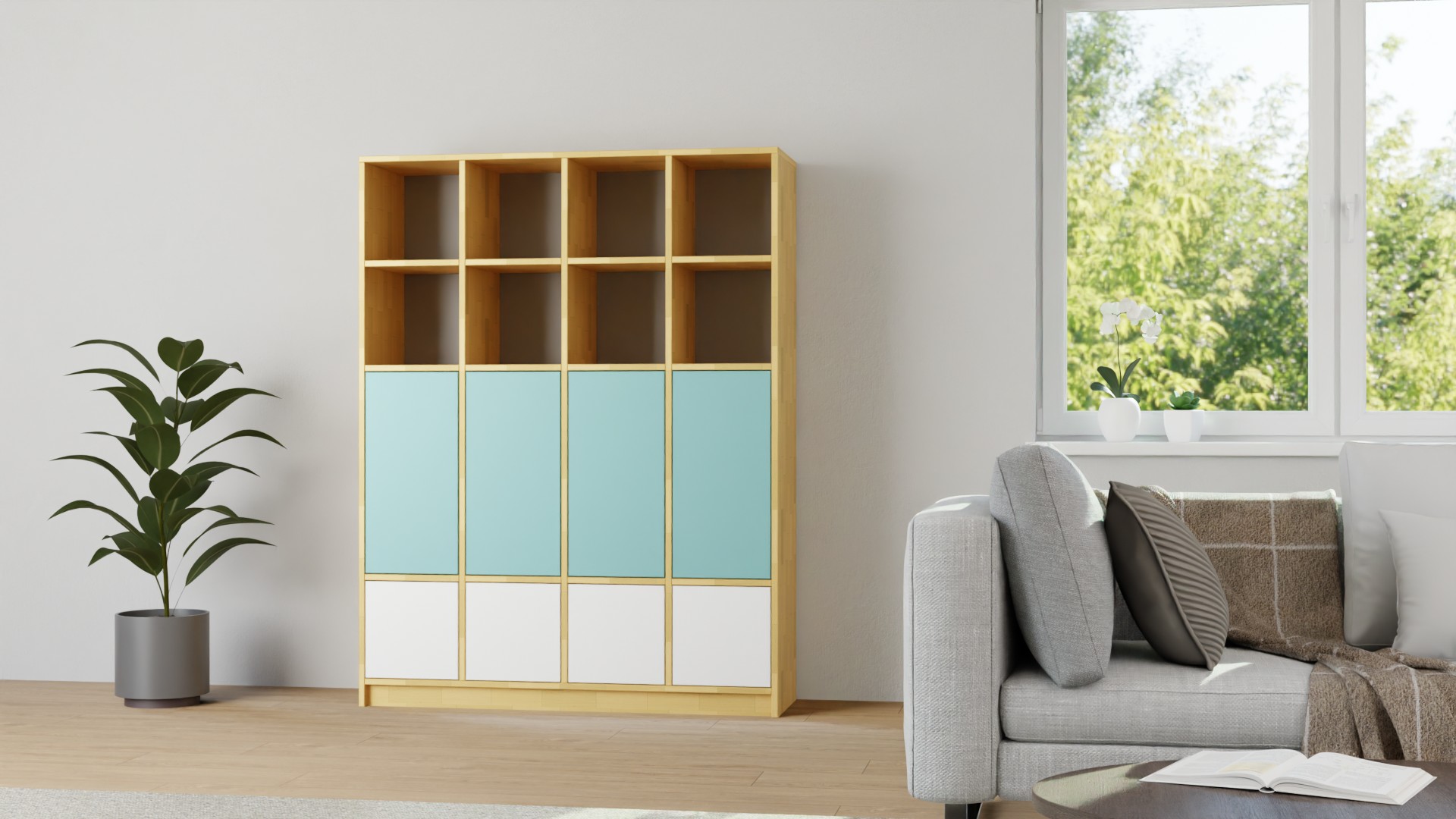 Bibliotheksschrank mit bunten Türen Buche