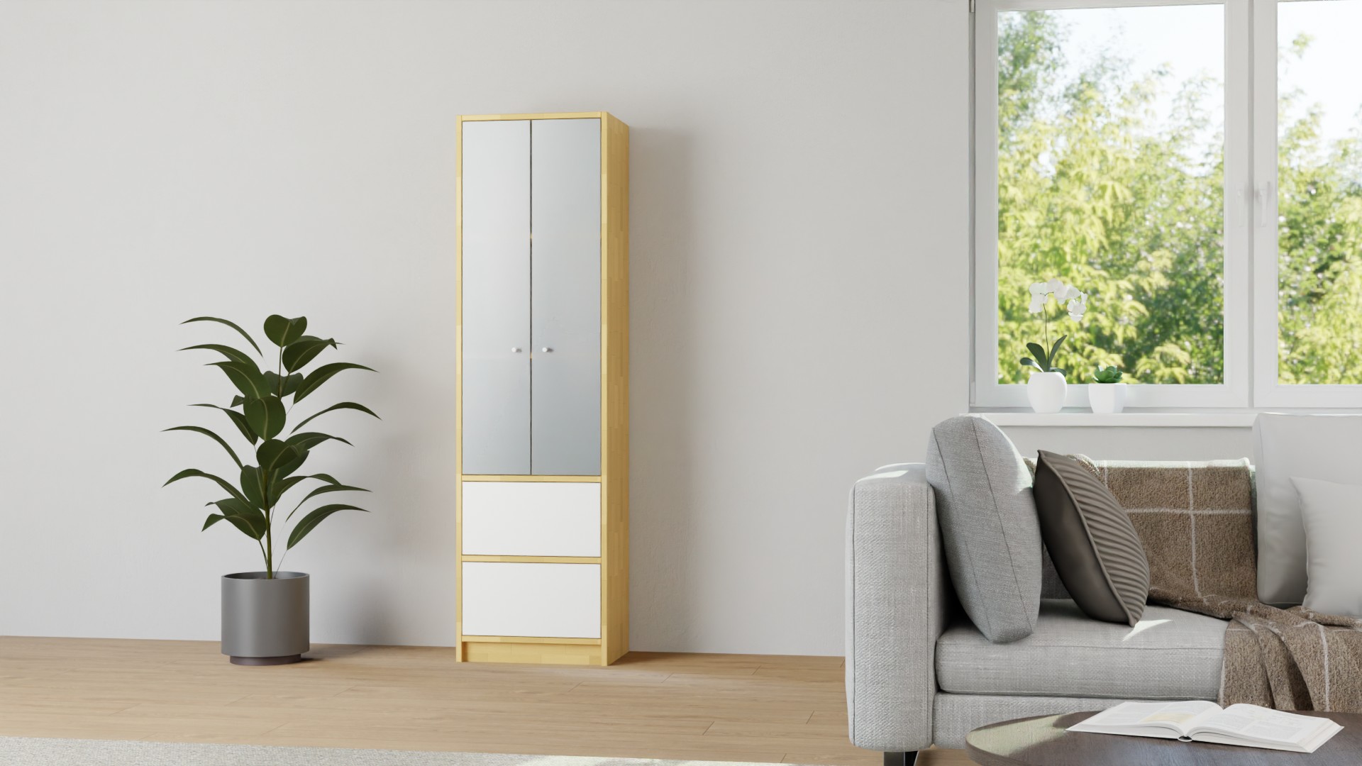 Schmaler Vitrinenschrank nach Maß - Vitrine mit vielen Optionen Buche