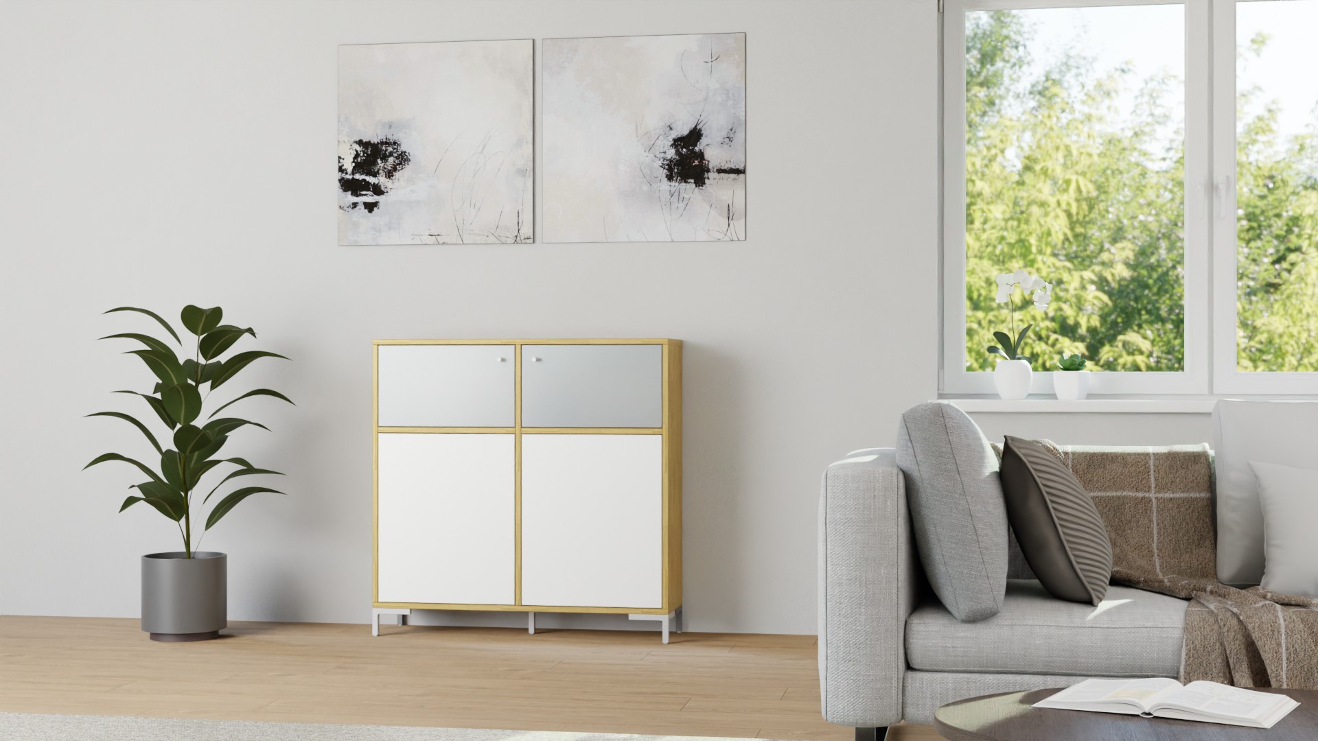 Schlichtes TV Sideboard mit Glastüren Eiche