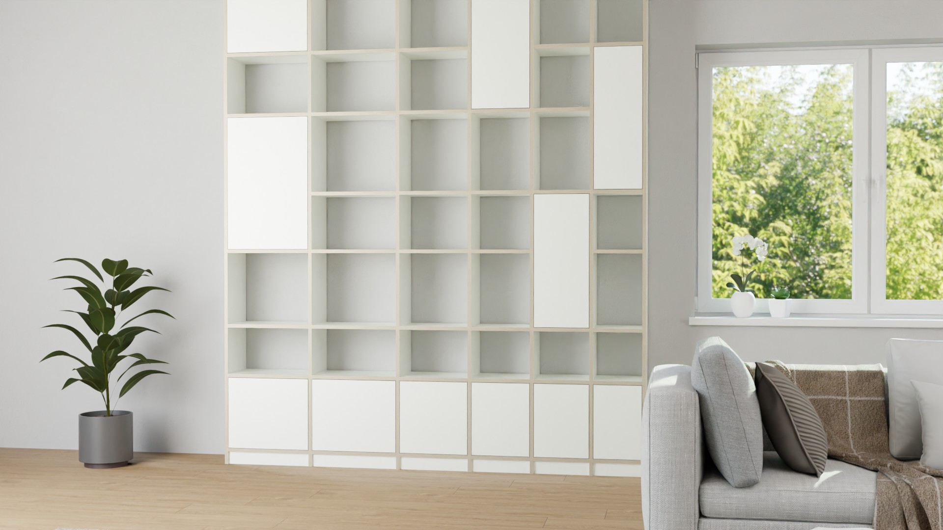 Pickawood Bibliothek - Individualisierbar - Weiß/Grau/Schwarz/Eiche Premium Dekore