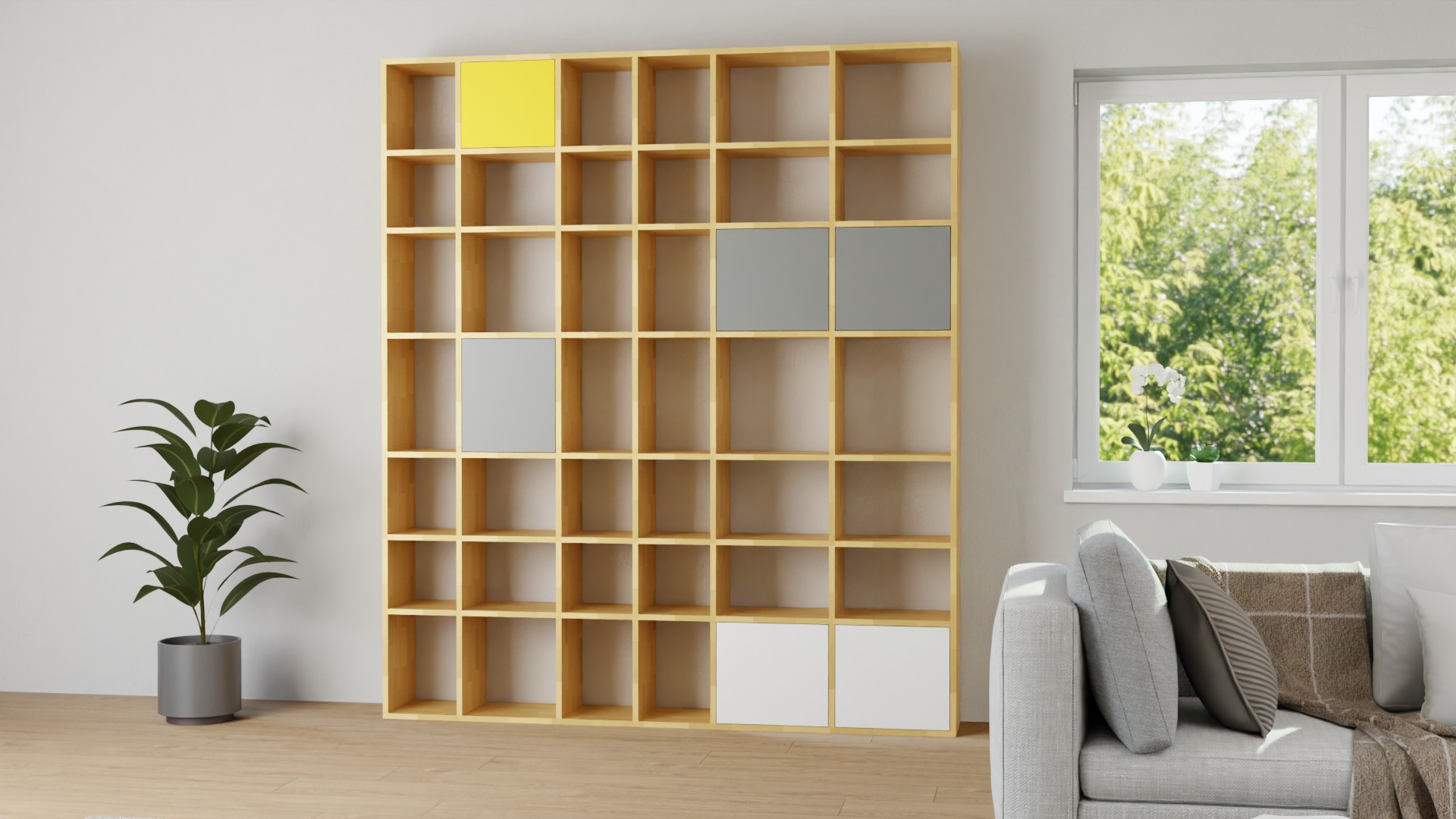 Bücherregal mit bunten Türen nach Maß Buche