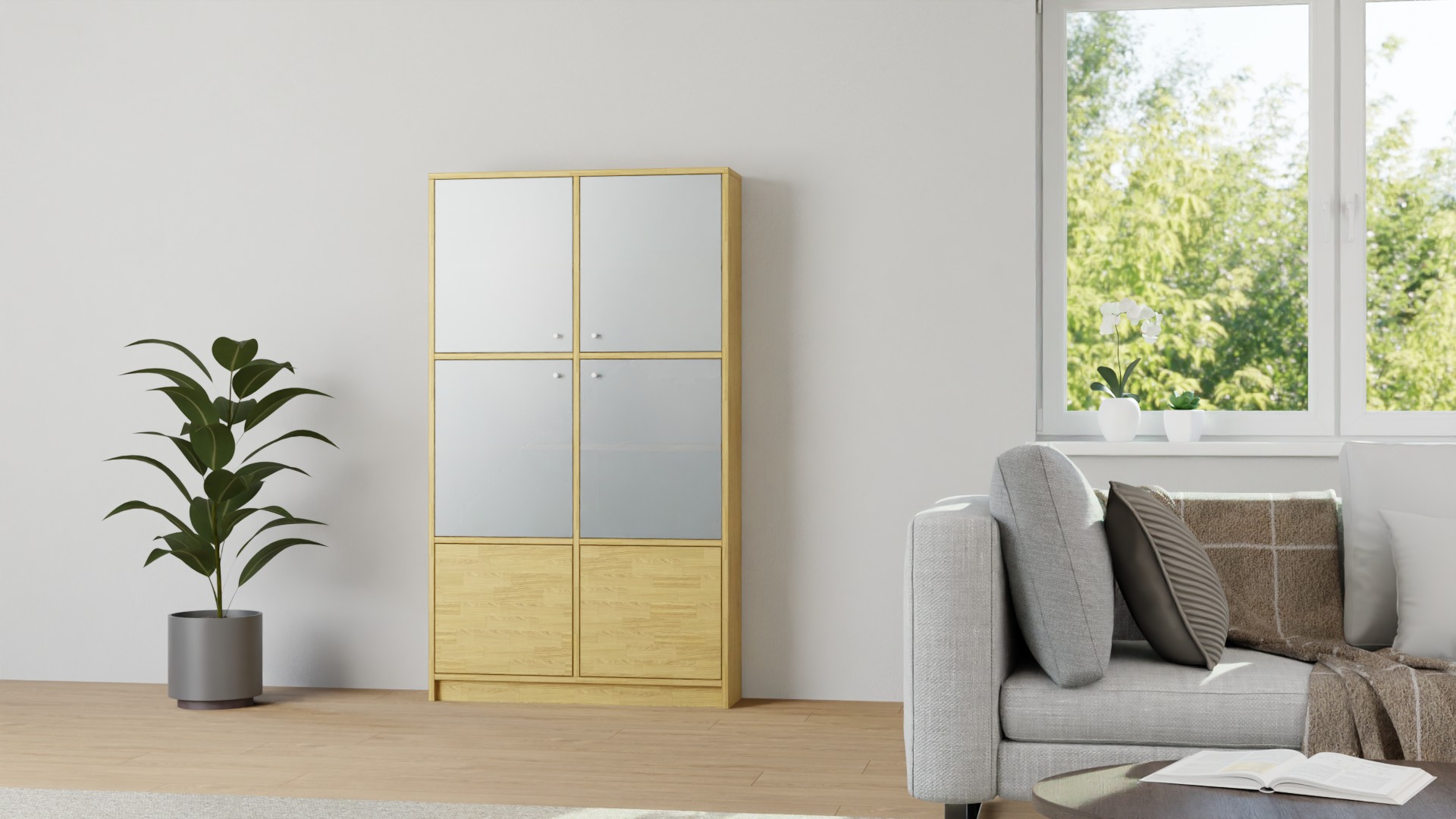 Großer Geschirrschrank mit Glastüren Eiche