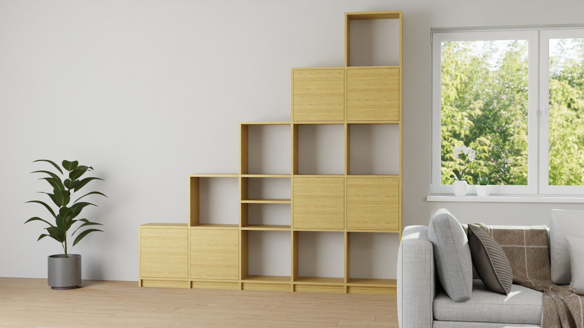 Großes Stufenregal nach Maß - Treppenregal mit vielen Optionen Eiche