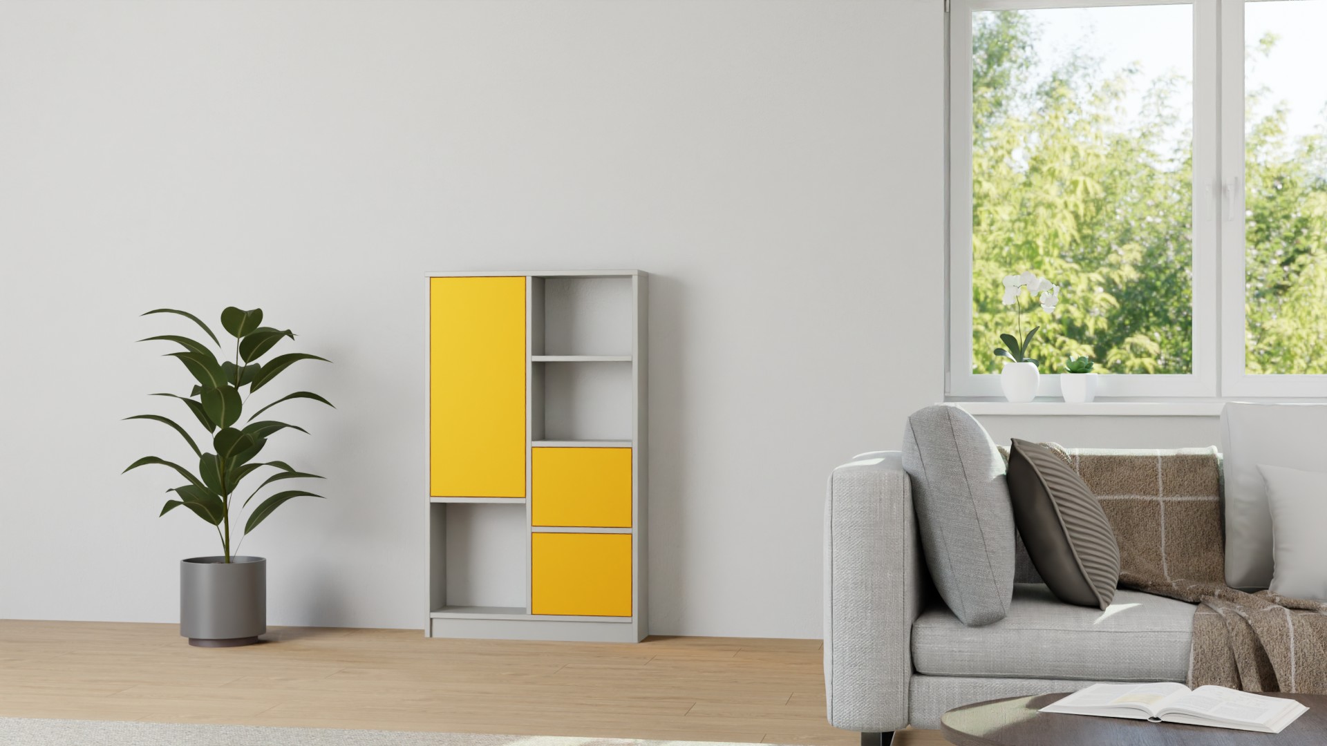 Graues Regal mit bunten Türen Premium Dekore