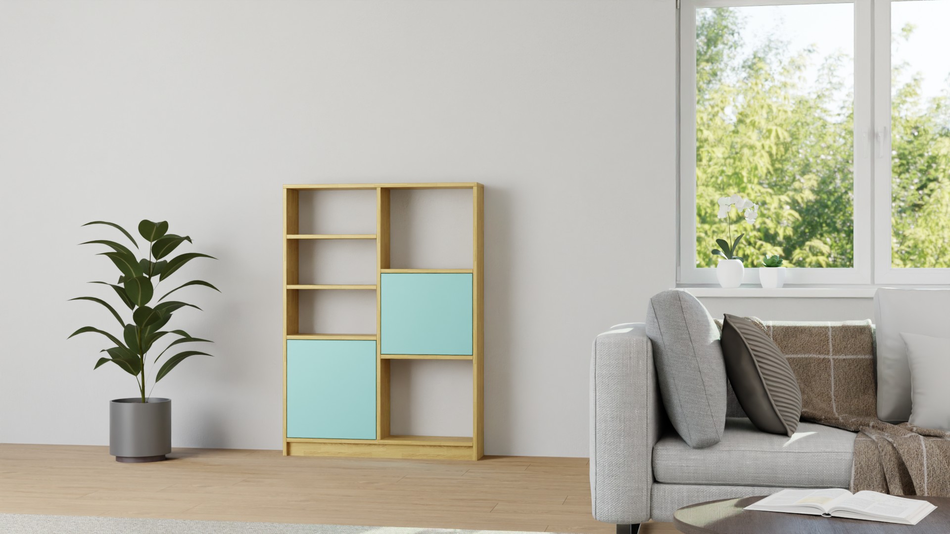 Modernes Regal mit bunten Türen Eiche