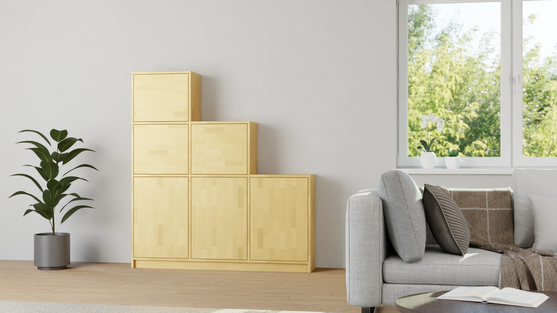 Stufenregal mit Türen Buche