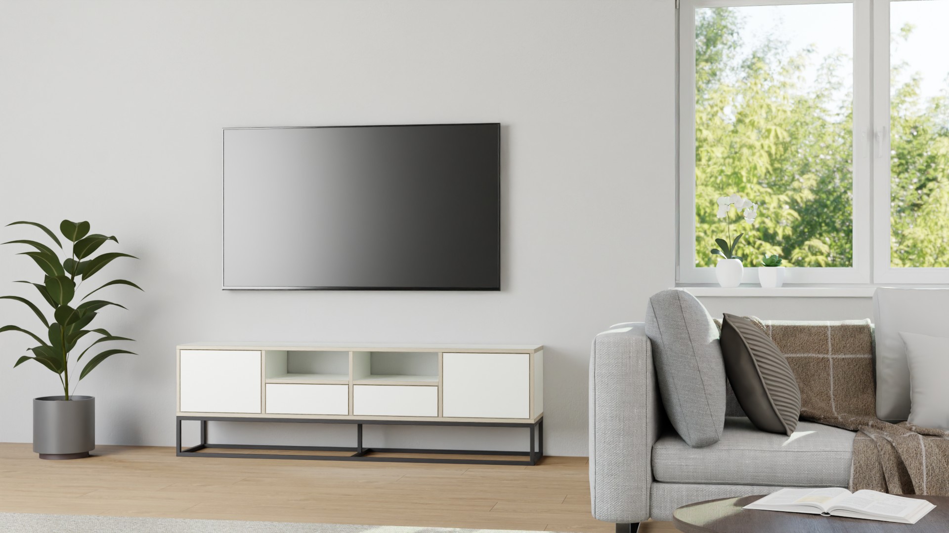 Pickawood Lowboard - Individualisierbar - Eiche/Weiß/Grau Premium Dekore