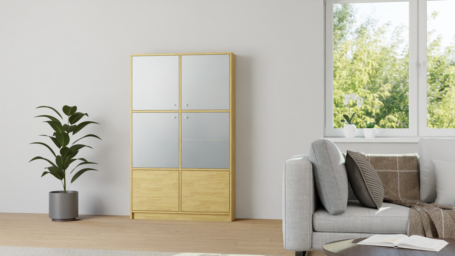 Großer Geschirrschrank mit Glastüren Eiche