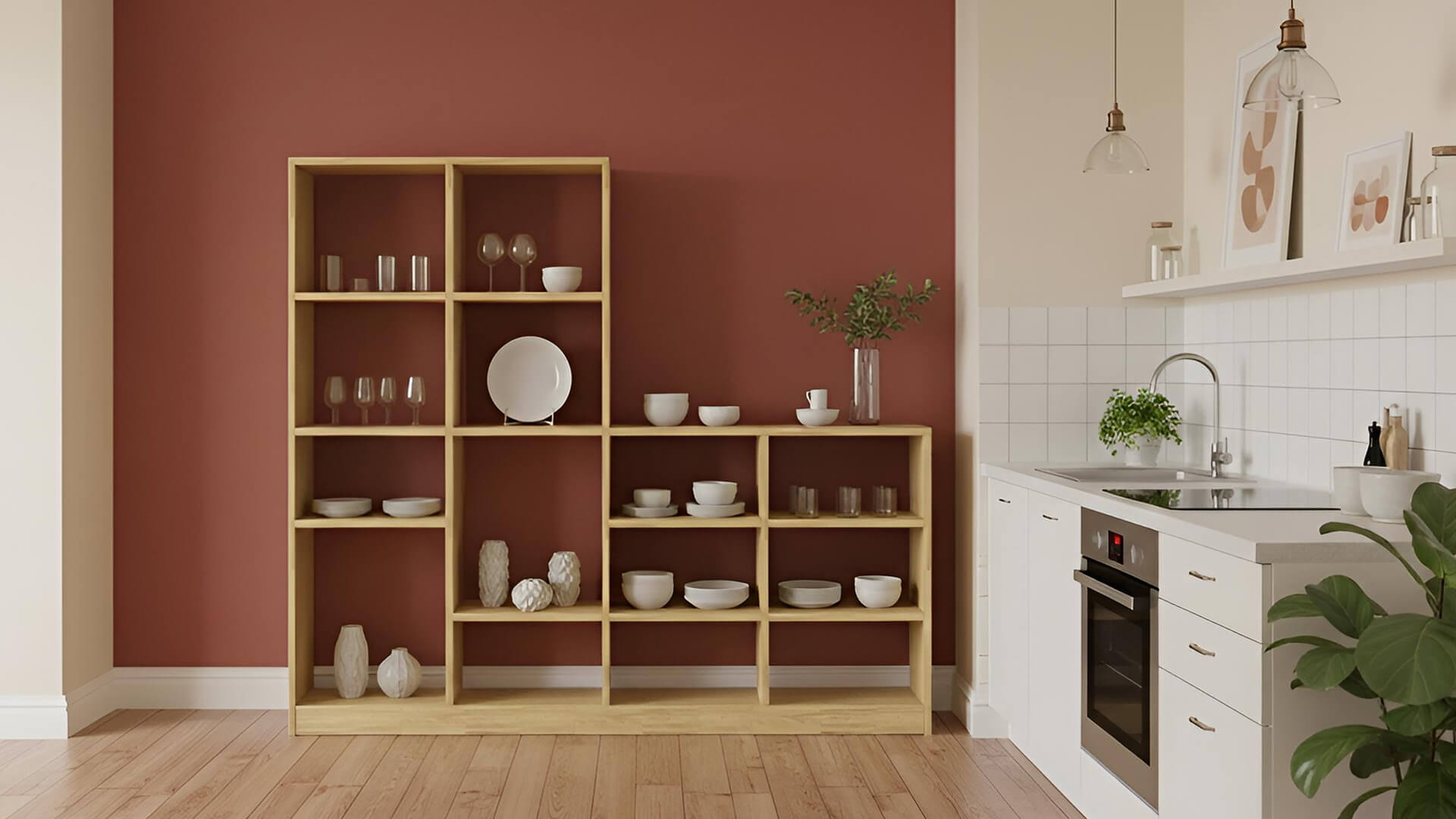 Stufenregal mit Ablage Eiche