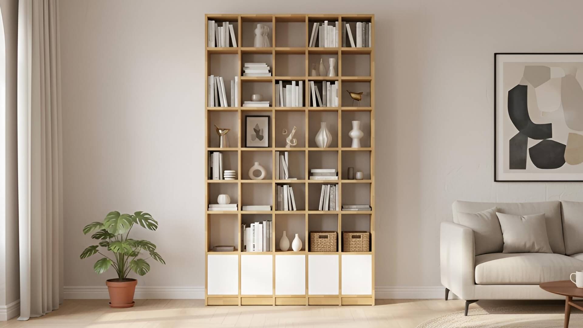 Hohes Bücherregal mit Türen nach Maß Buche