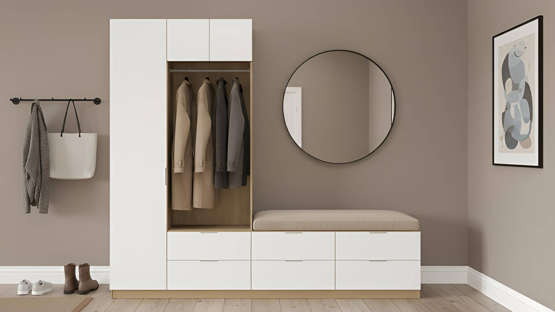 Garderobenschrank nach Maß - Garderobe mit Sitzfläche und vielen Optionen Premium Dekore