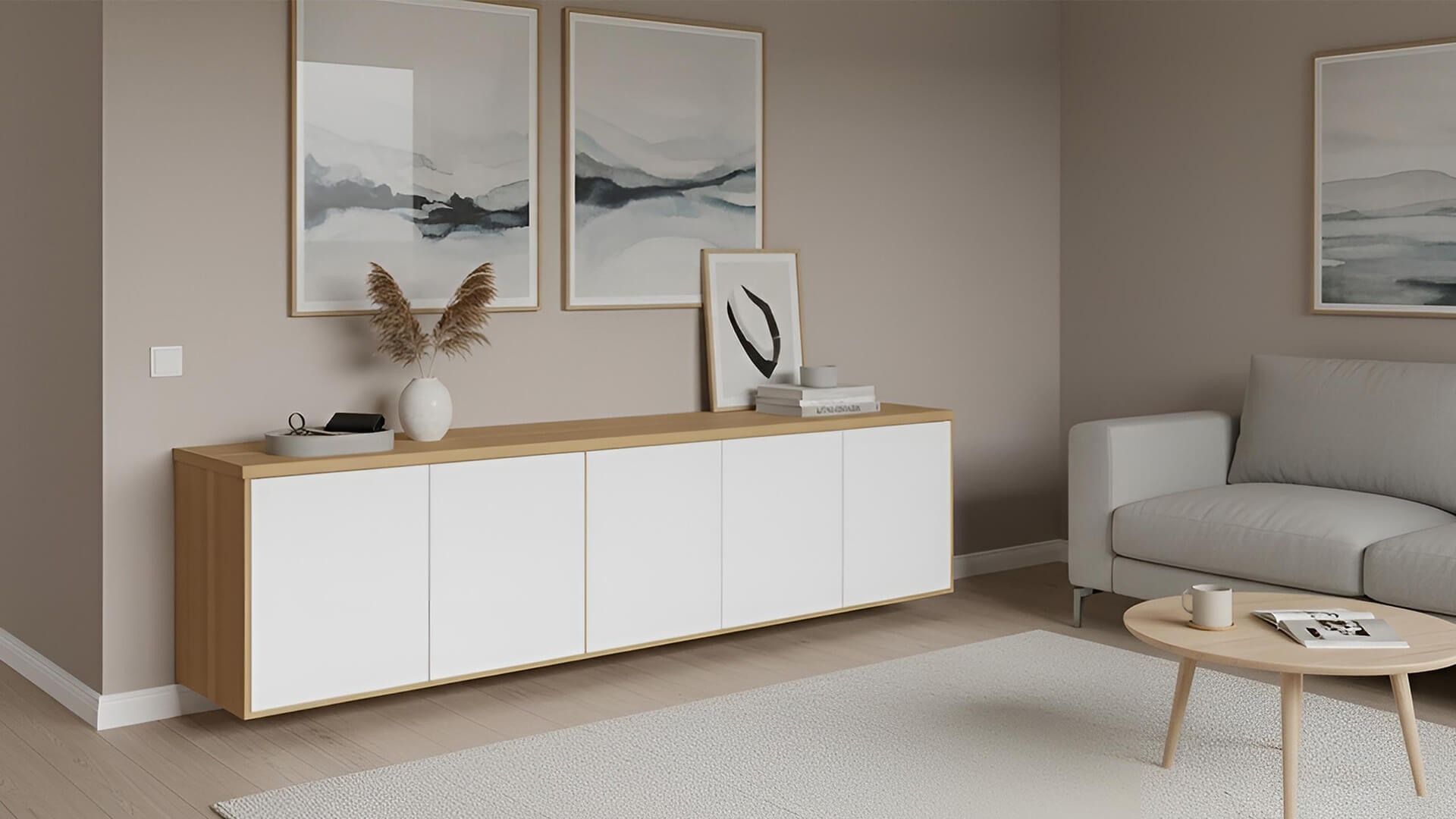 Breites Hängesideboard nach Maß Buche