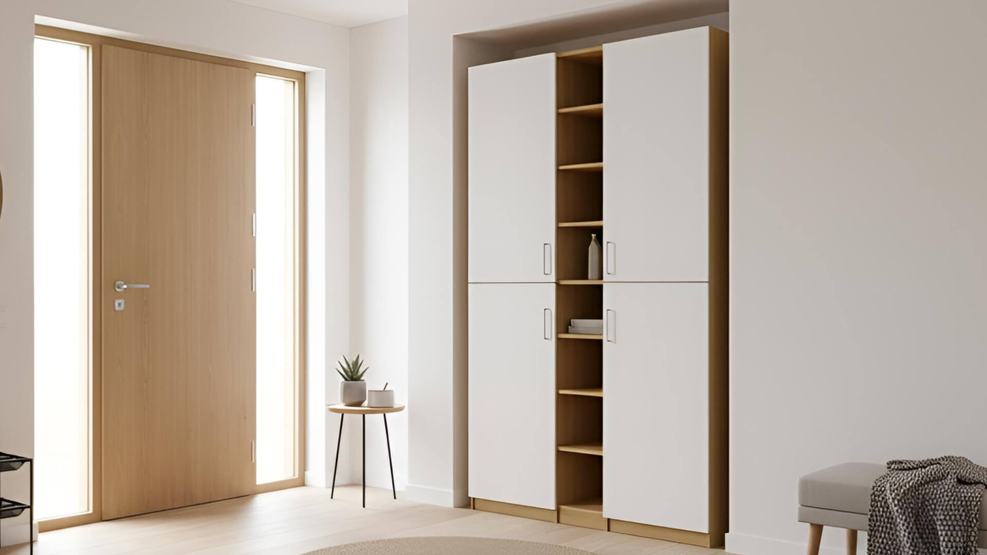 Garderobenschrank aus Echtholz Furnier mit weißen Türen Echtholz Furnier