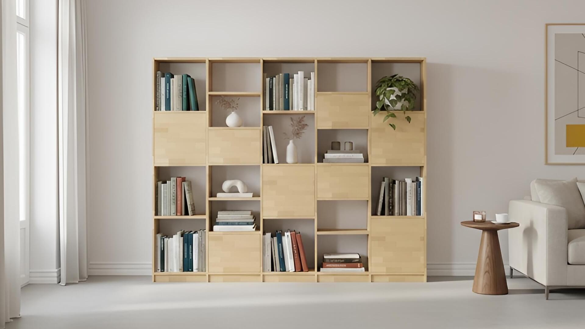 Modernes Bücherregal mit bunten Türen Buche